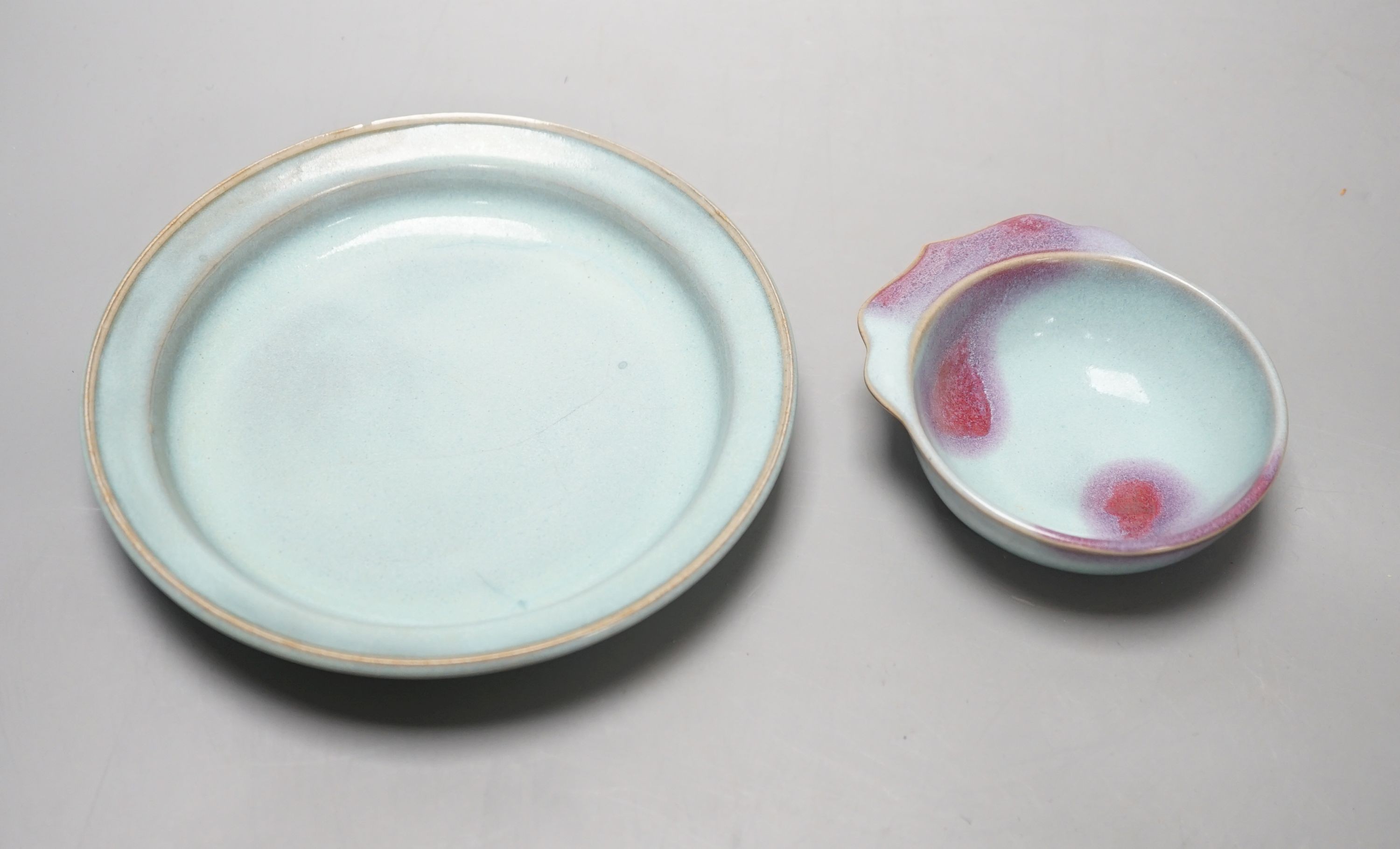 A Chinese Jun type dish, diameter 17.5cm and a similar brush washer